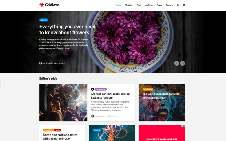 gridlove news masonry wordpress theme