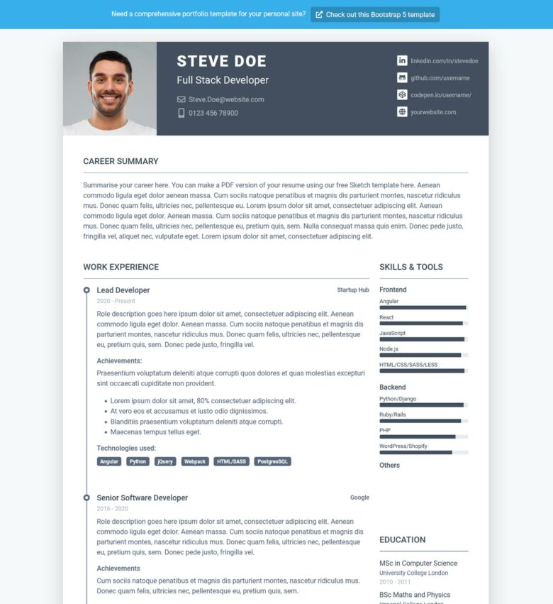 Pillar Free Bootstrap 5 Resume CV Template